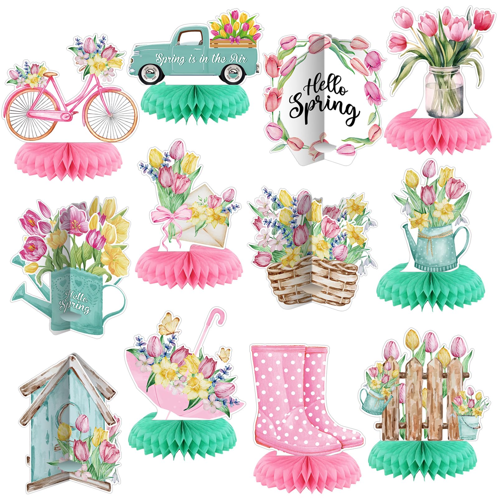 12 Pcs Spring Party Decorations Hello Spring Theme Party Decorations Flower Tulip Honeycomb Table Centerpieces for Home Office Birthday Honeycomb Supplies Decor