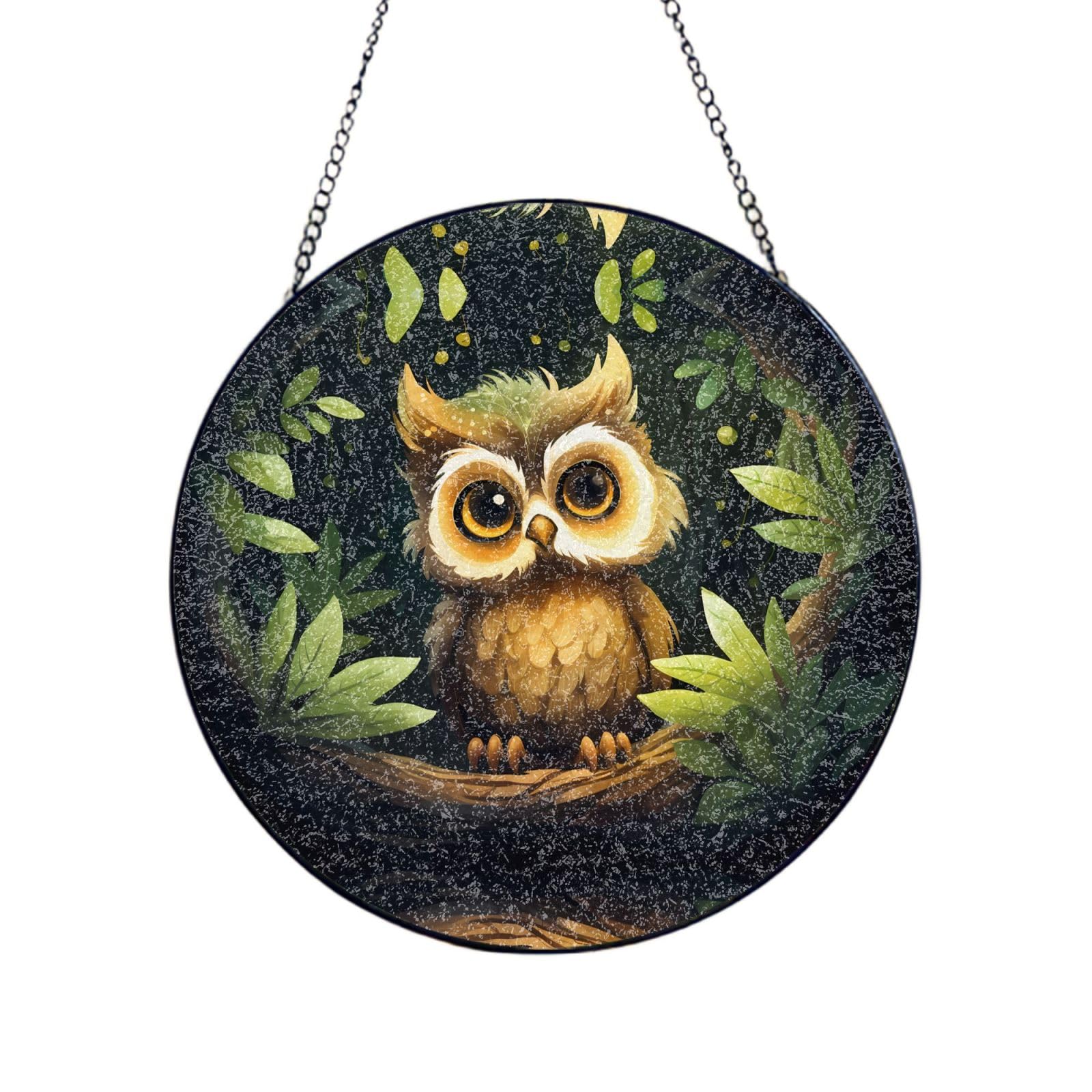 Phayah Big Eyed Owl Print Glass Window Hanging Round Suncatcher Glass Ornament Garden Wall Fence Decorations Indoor Outdoor 12in（30cm）