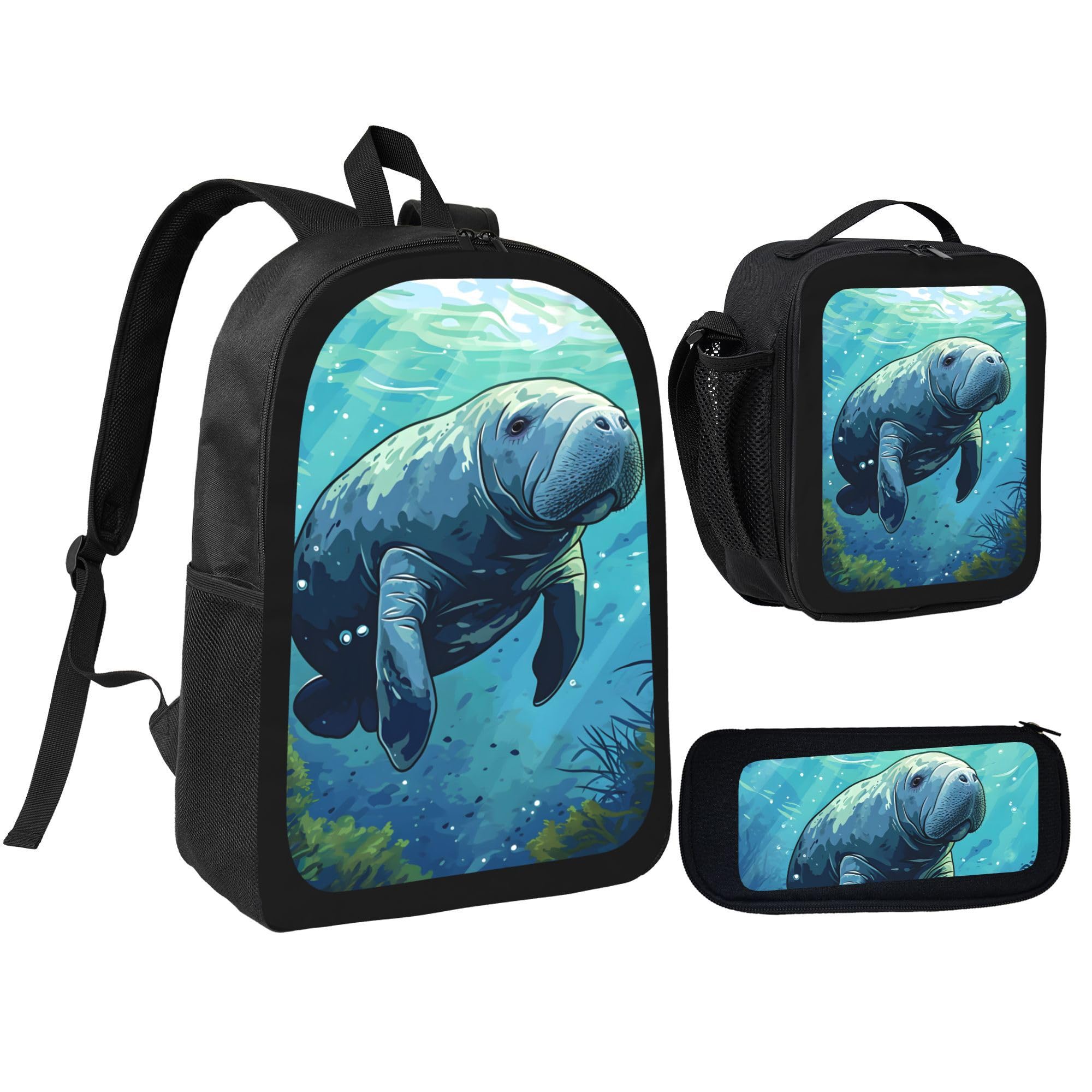 Cemfyzoch Blue Ocean Animal Manatee Large 3-Piece Backpack Set with Insulated Lunch Box & Pencil Case Waterproof 17 Inches Backpacks Bag Back Packs
