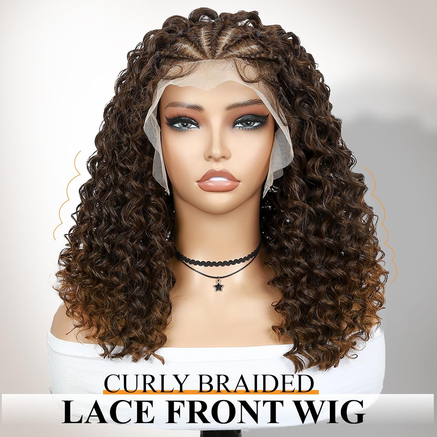 WIGER Braided Wigs for Black Women Curly Bob Lace Front Wig Glueless Knotless Curly Lace Frontal Hair Wig with Baby Hair Ombre Brown 13X4 Transparent HD Lace Synthetic Water Wave Wig