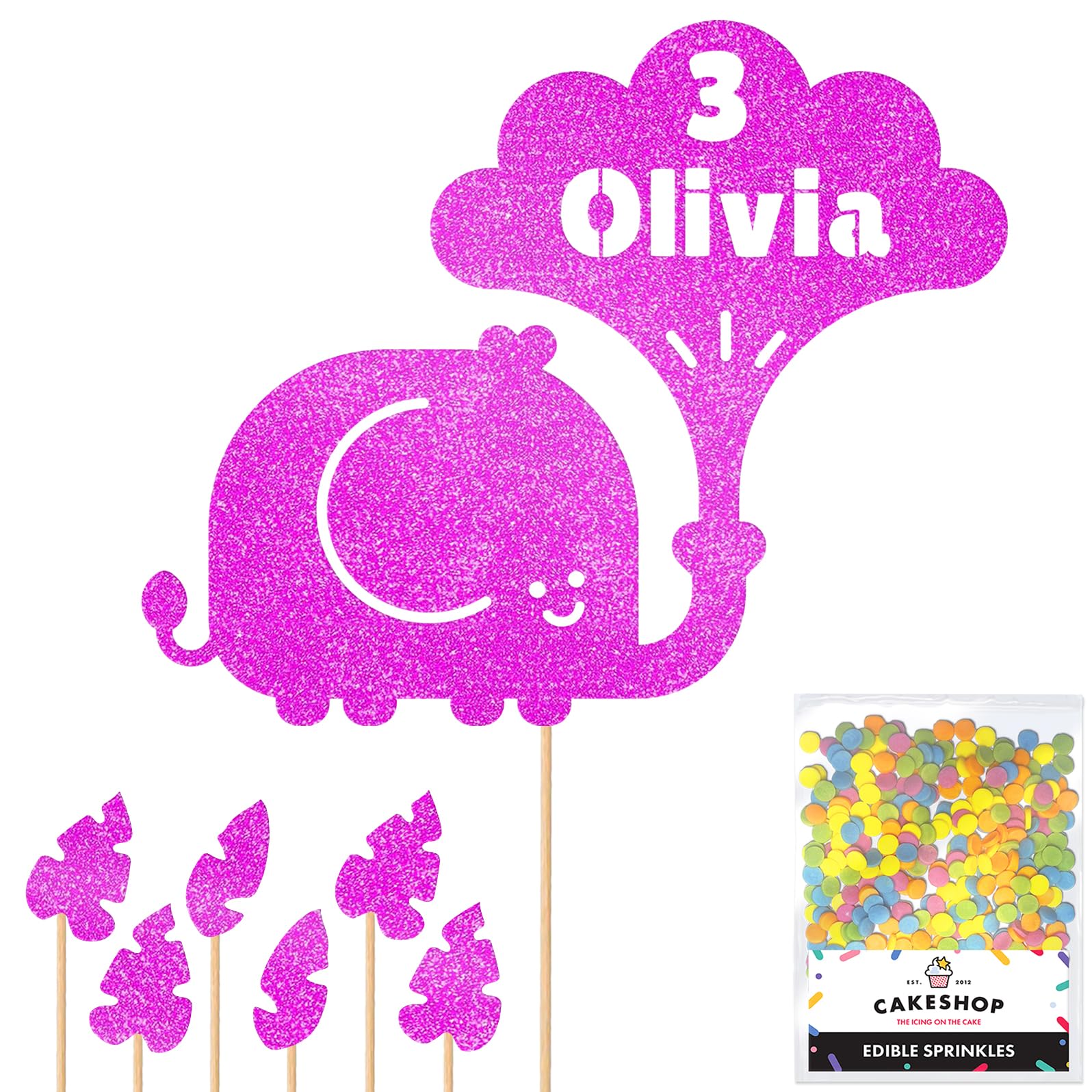 Personalised Jungle Elephant Glitter Cake Topper- Pink Any Custom Age & Name Glitter Cake Decoration and Sprinkles - Happy Birthday Decorations - Personalised Toppers for Cakes by Cakeshop — image 1