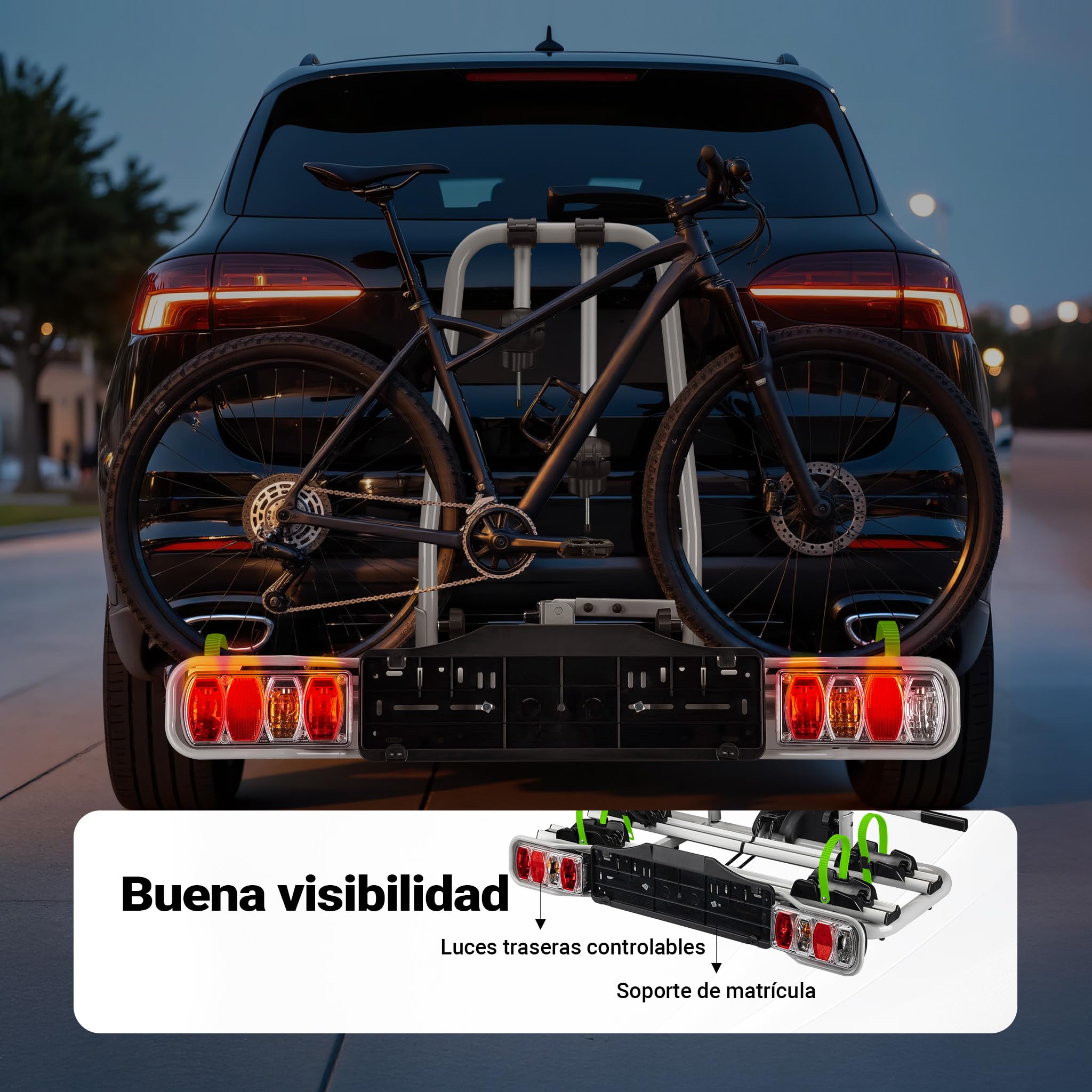 Wiltec Portabicicletas Trasero para 2 Bicicletas con Enganche de Bola y Acoplamiento de Remolque soporta hasta 60 kg Gancho de Bola de 2" Rueda Ø 22-29" Plegable e inclinable con protección antirrobo