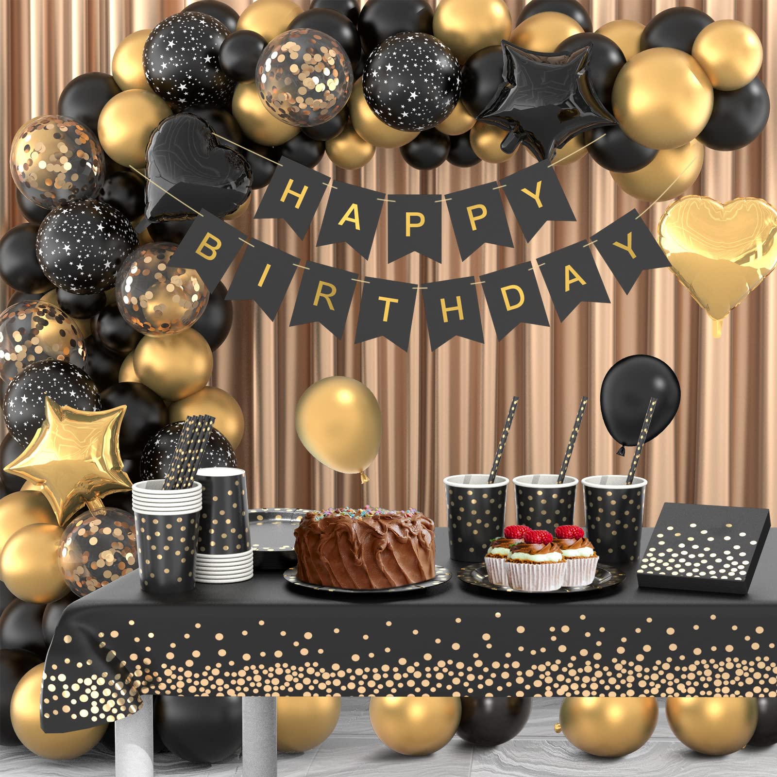 Kit Stoviglie Per Feste 16 Ospiti - 132 Pezzi Oro Nero, Compleanno, Matrimonio, Con Palloncini E Tovaglia