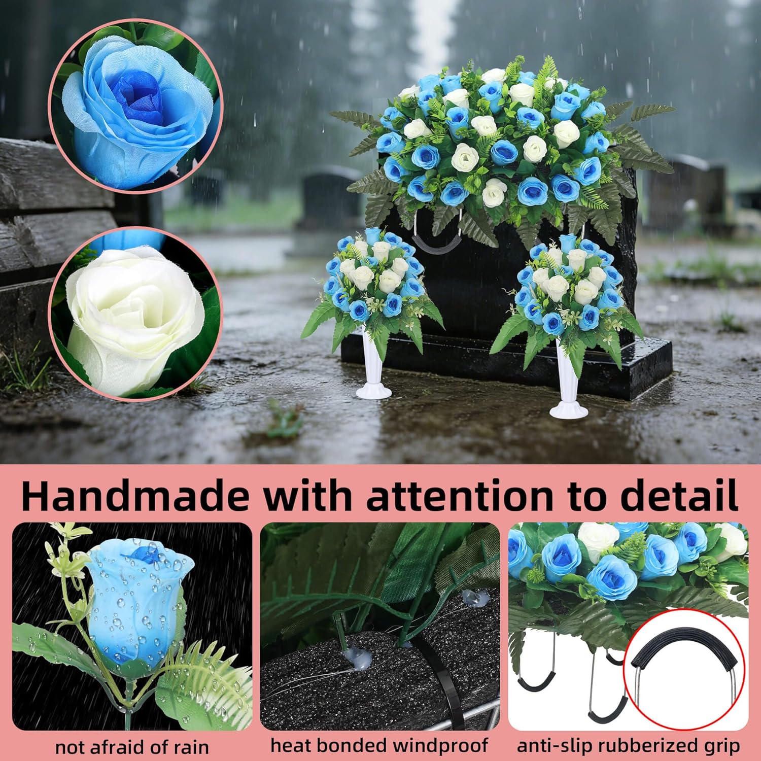 3 Pcs Artificial Cemetery Flower Saddles Cemetery Flowers for Grave Memorial Grave Flowers with Vases for Cemetery Decoration