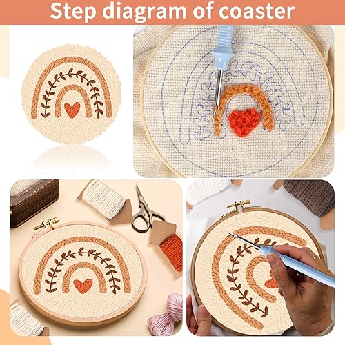 Miniatura 16 de Kit de posavasos con aguja perforadora, kit de bordado de aguja perforadora para principiantes y adultos, posavasos de automóvil, posavasos