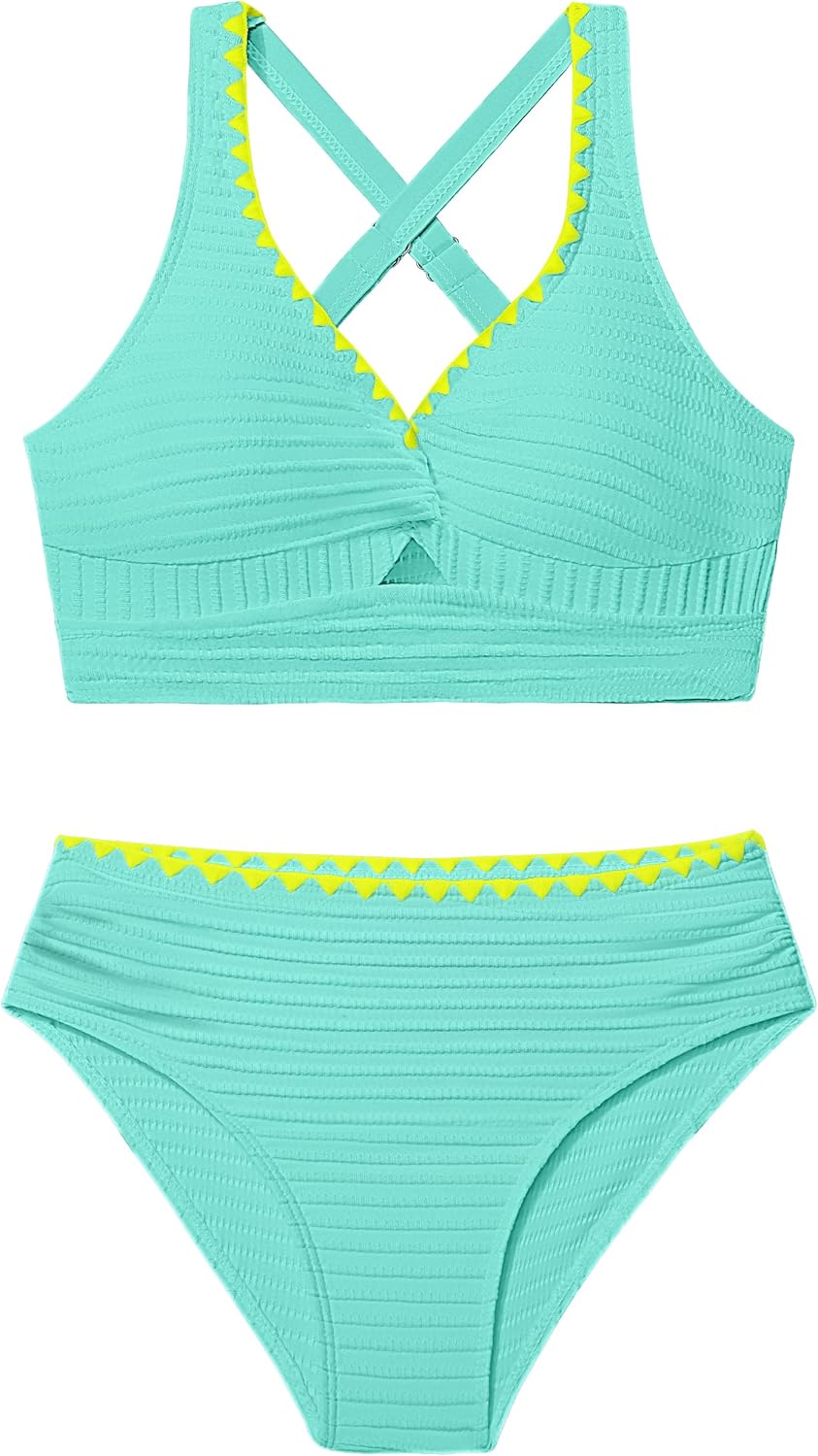 Girls Swimsuit Solid Color Textured Bikini Set Contrast Trim Bathing Suit 2 Piece Swimwear Adjustable Straps 9-16T