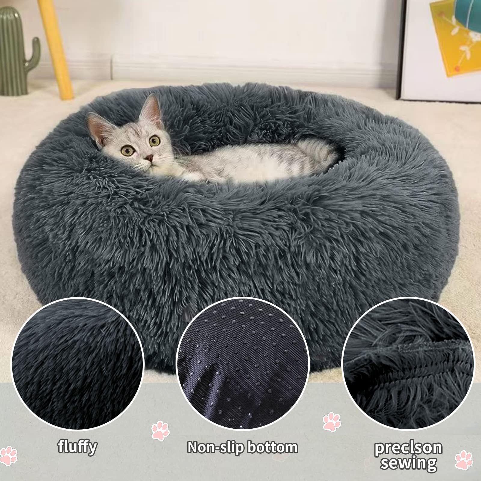 DONWEI Calming Dog Donut Bed for Small Medium Dogs Washable Dog Bed Cat Beds Fluffy Anti Anxiety Puppy Bed with Non-Slip Bottom - Image 3