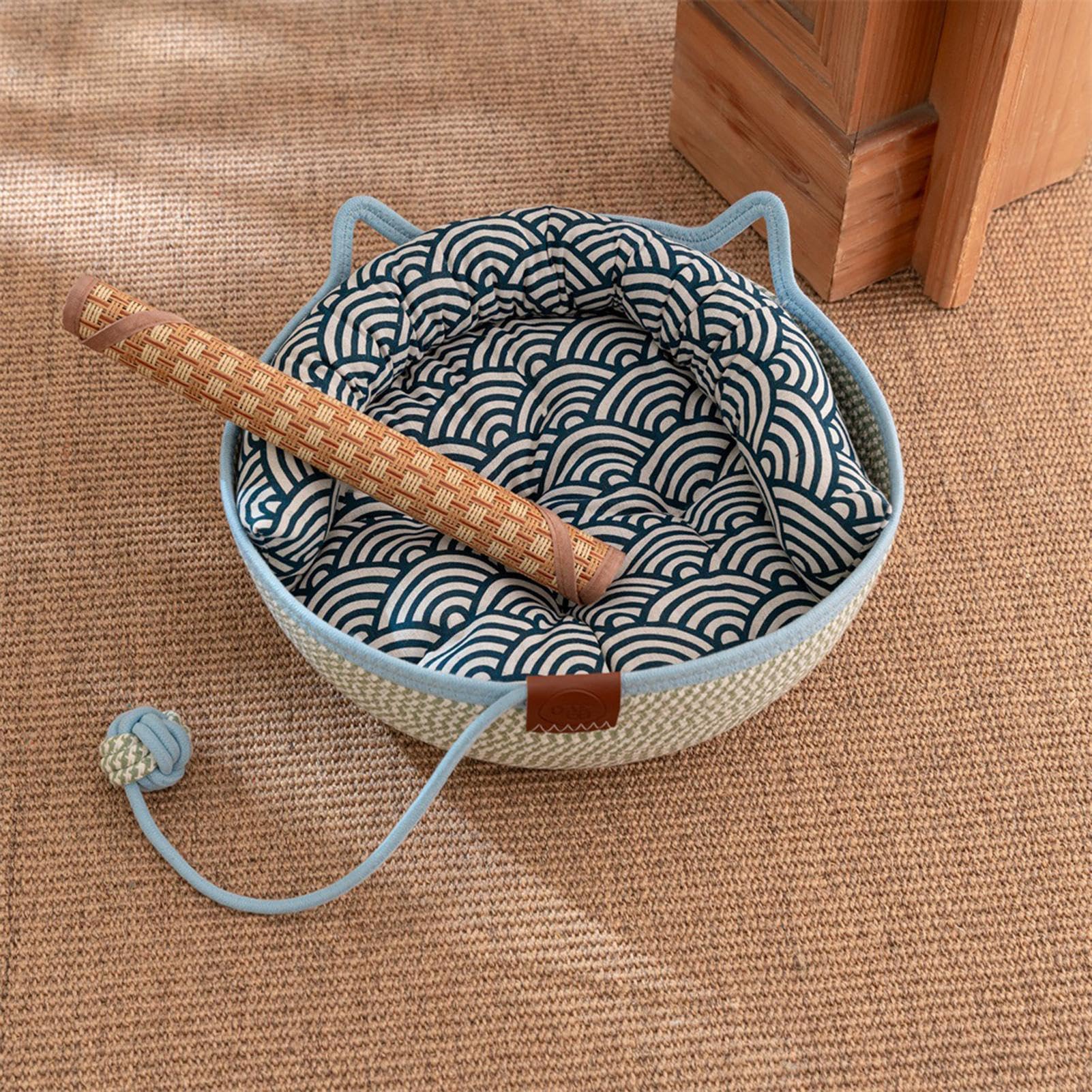 Camas para Gatos Cesta de Cuerda de Algodón Tejida a Mano con Cola de | Cama para gato pequeño para Todas las Estaciones Gatito Animal Viaje y Enriquecimiento para Mascotas