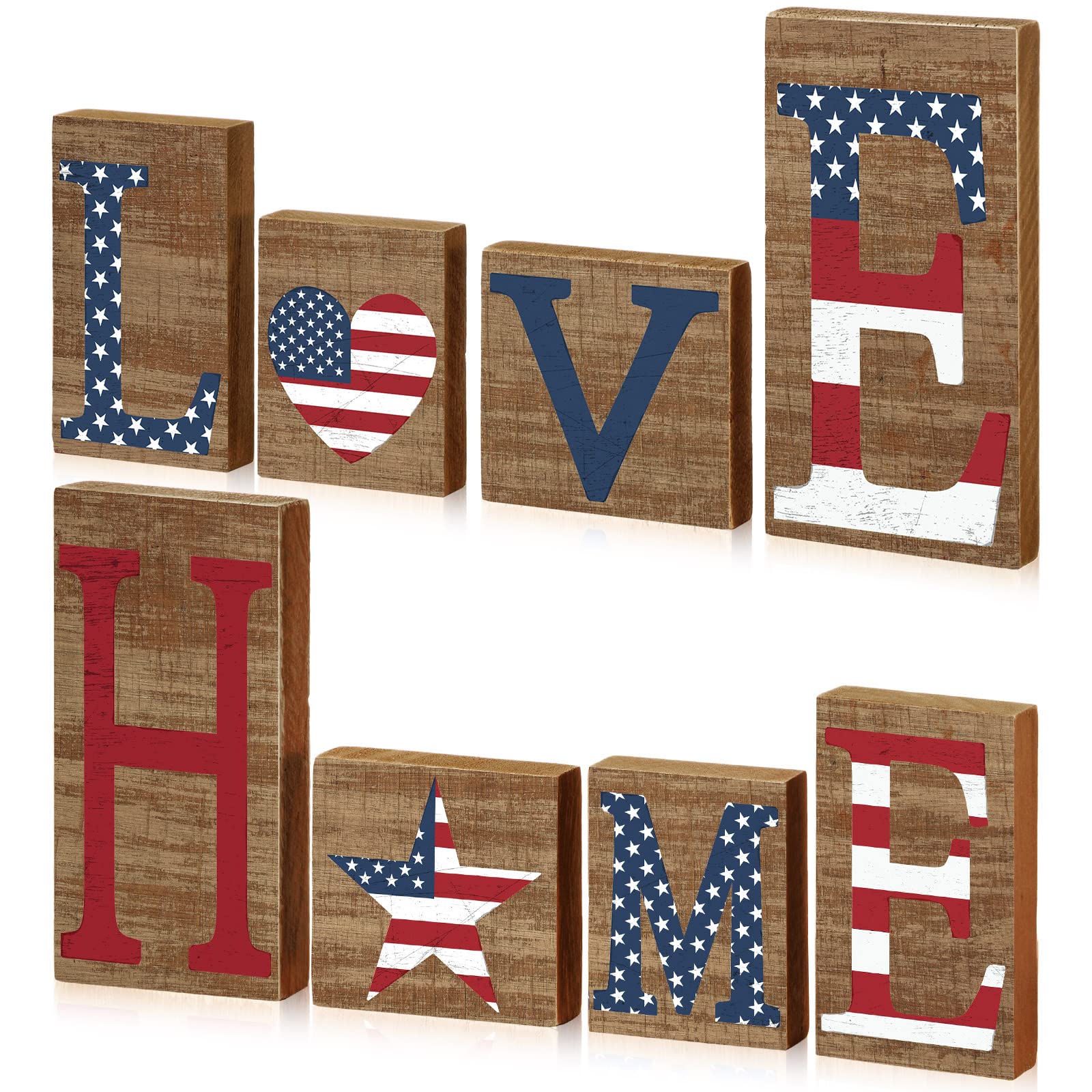 4th of July Decoration for Home Double Sided Wooden Sign Patriotic Table Decorations Letters Love Home Word Sign Red White Blue Decorations American Flag Table Centerpiece for Veterans Day Decoration