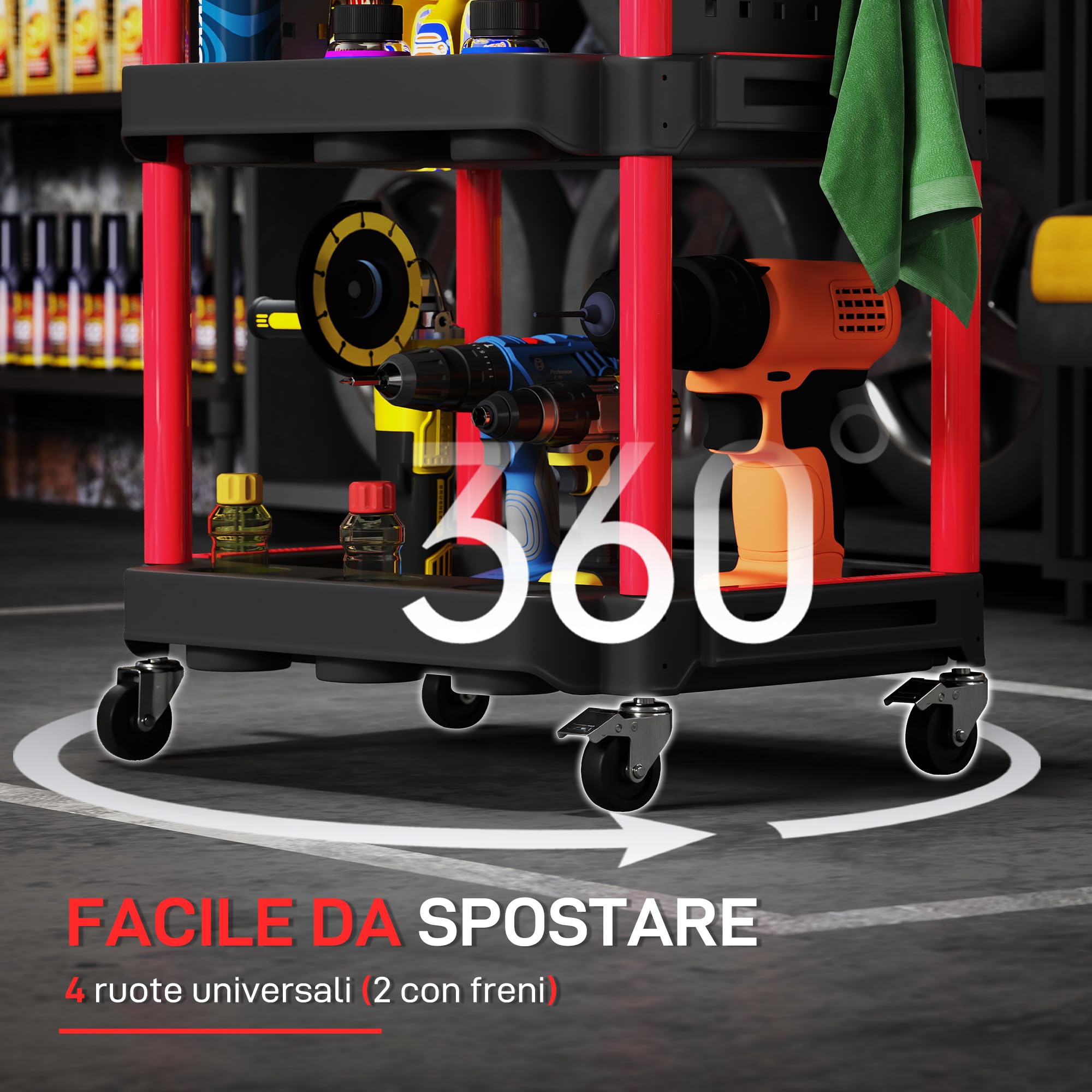 HOMCOM Carrello Porta Attrezzi a 3 Livelli, Carrellino da Officina in Plastica con Pannello Forato Laterale Portautensili, Capacità 91 kg, Nero e Rosso