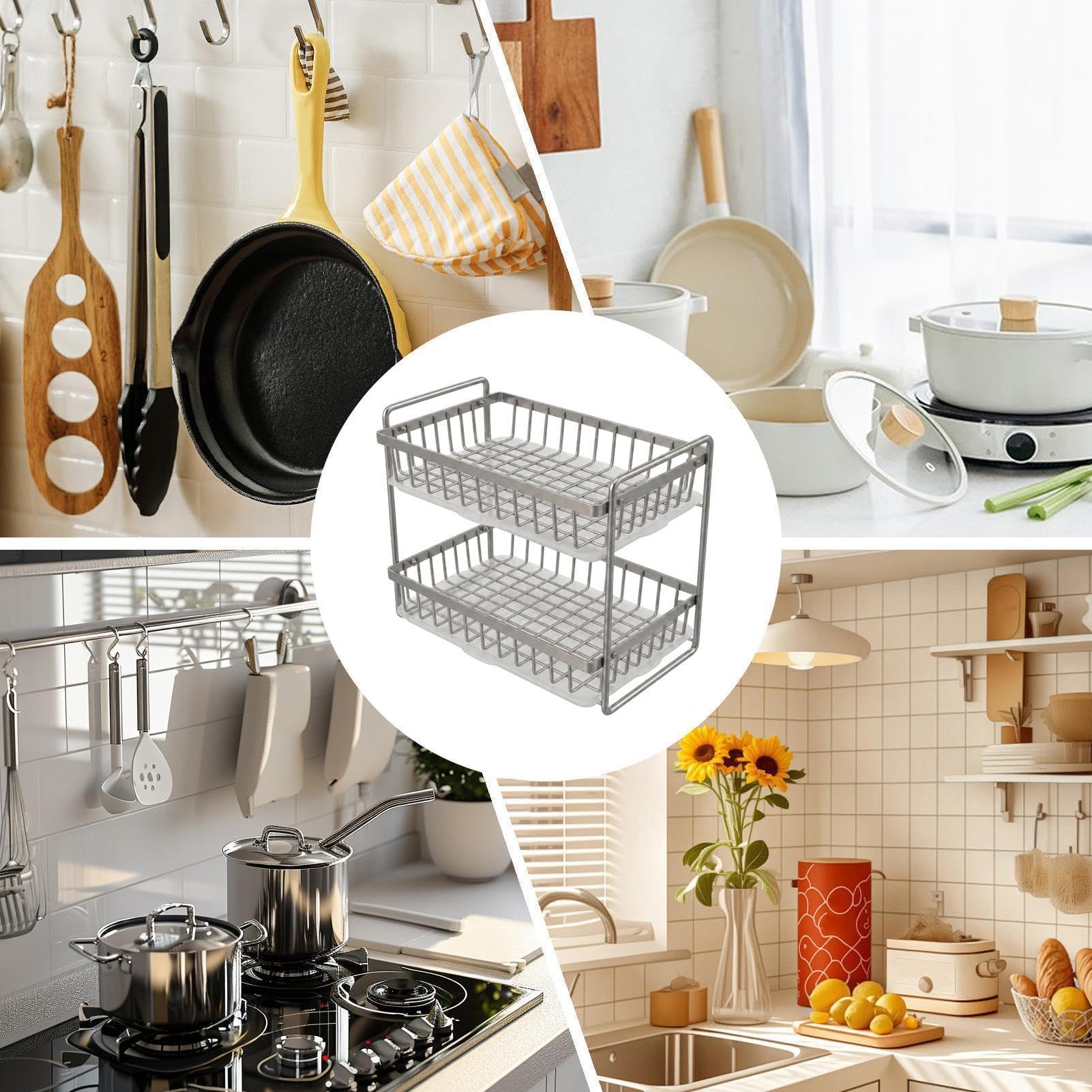 Escurridor de Cocina de Acero Inoxidable Estante de Acero Inoxidable de Dos | con Bandeja de Sin Taladro Estante para Condimentos para Vajilla de Encimera, Tazas de Café,