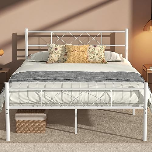 VECELO Base de cama de tamaño matrimonial con cabecero, base de cama de plataforma resistente con listones de metal fuertes, no necesita somier,