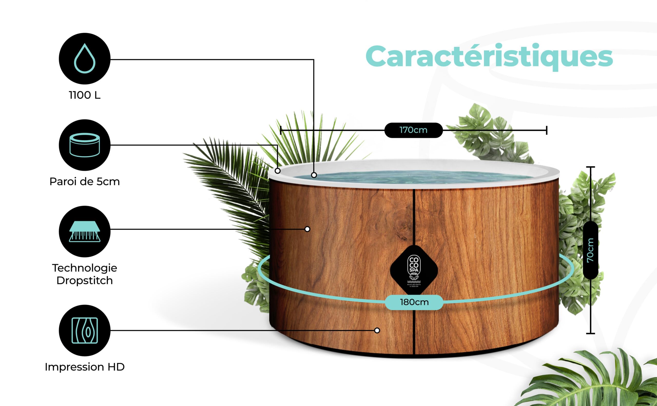 COCO SPA Tahiti Spa Gonflable | 180 cm de diamètre | 1100 litres | Moteur 2240 W | Jusqu'à 6 Personnes | Massage 140 Jets | Imitation Bois Naturel