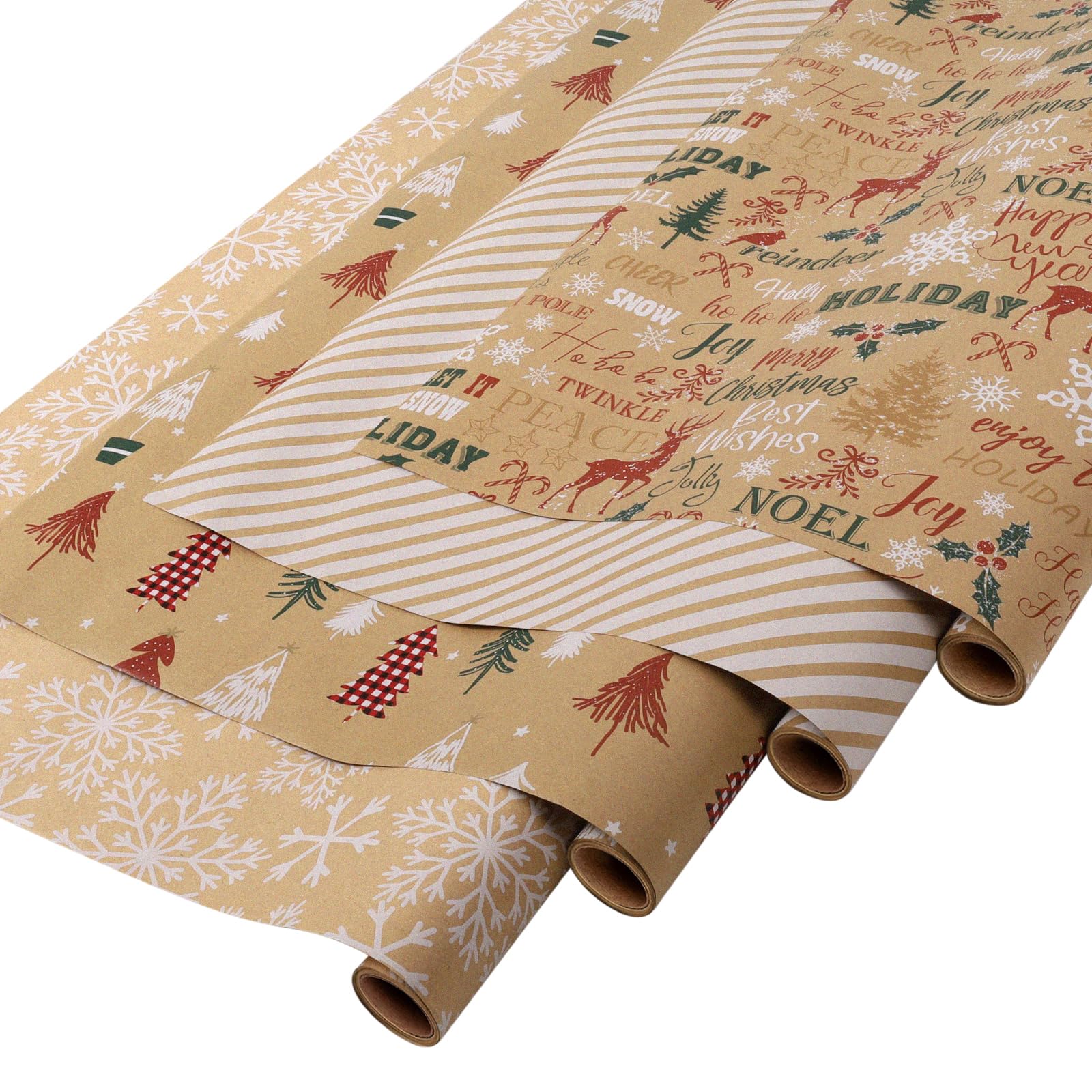 BIOBROWN Christmas Wrapping Paper with Tags and Trim Ribbon Assortment - 30" X 10' Per Roll (4 Rolls: 100 sq. ft. ttl.) - Snow Design for Christmas, Party, Xmas, Holiday