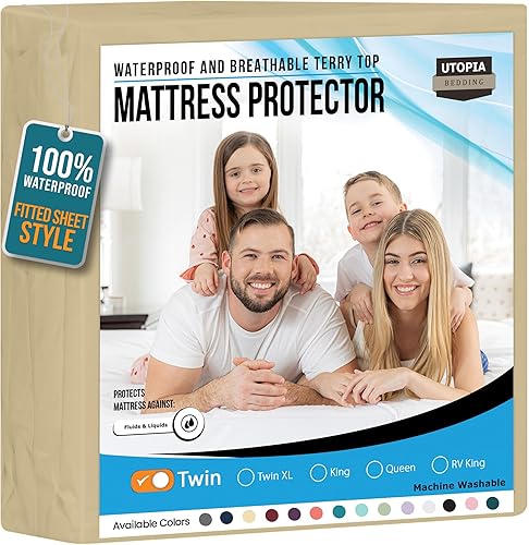 Utopia Bedding Protector de colchón impermeable tamaño individual, funda de colchón de rizo premium de 200 GSM, transpirable, estilo ajustado con