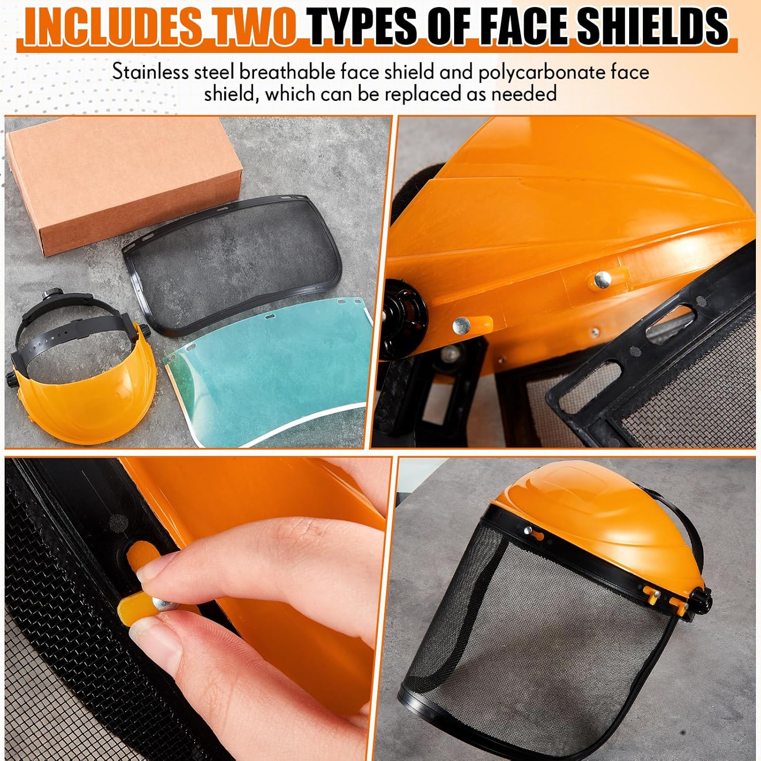 Kingdder Chainsaw Faceshield 2 Mesh Face Shield and 2 Clear Plastic Safety Visors, Adjustable Headgear, Multipurpose Protection Full Face Mask for Forestry Arboristwork(Orange)