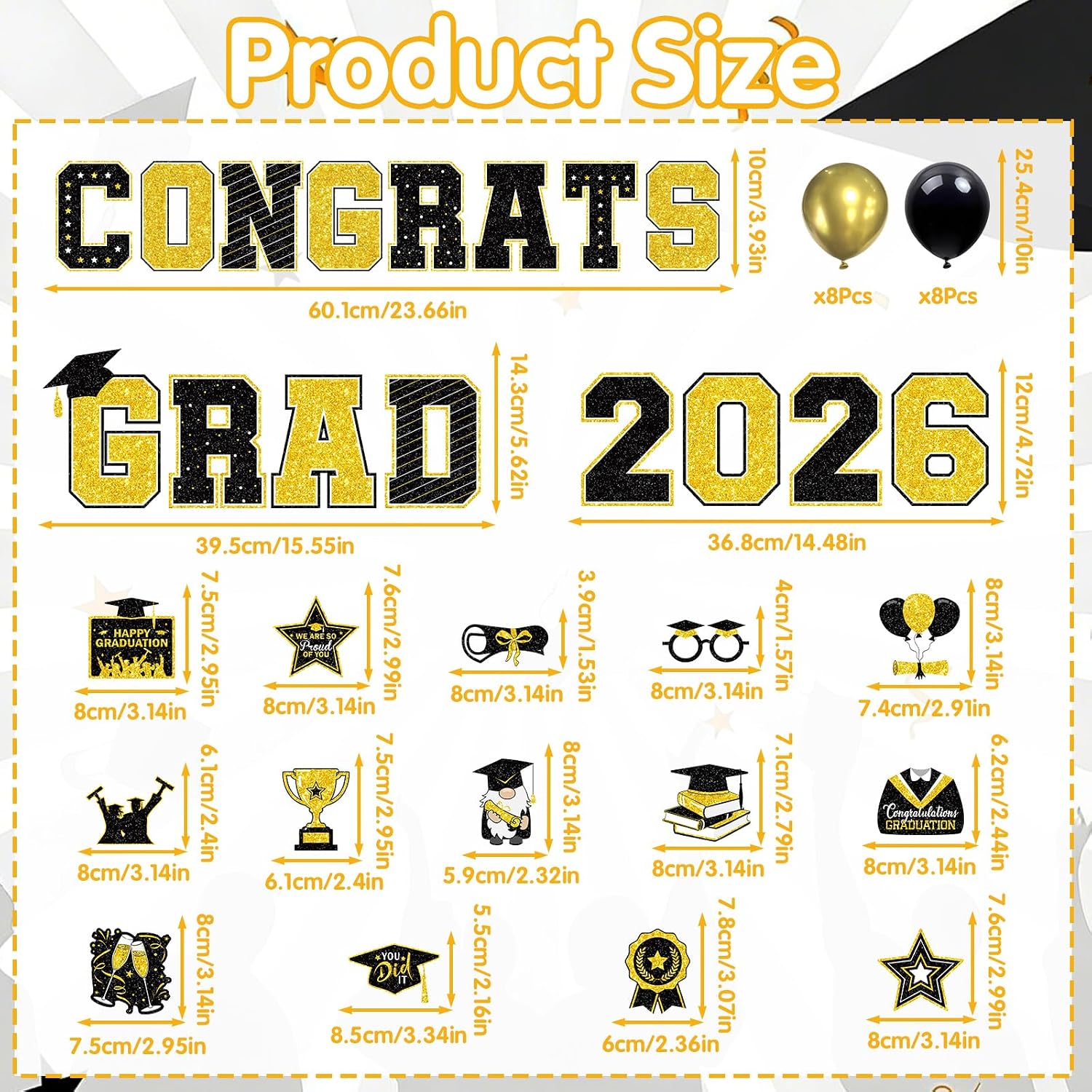 Graduation Car Magnets 2026, 46PCS Black Gold Graduation Car Decorations 2026 with Balloons, Congrats Grad Car Magnets and Decals Decor Supplies for Grad Parade Party image 2