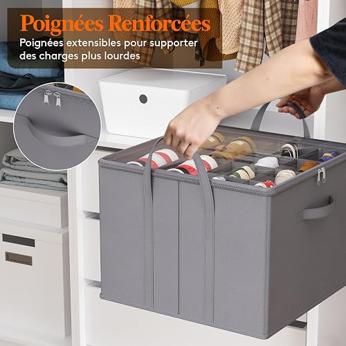 Lifewit Organizer Scarpe Armadio Pieghevole, Scatole per Scarpe Salvaspazio con Coperchio per 12-16 Paia, Shoes Organizer con Supporto Inferiore e Manici Rinforzati, Grigio, Set di 3 per 36-48 Paia - 3