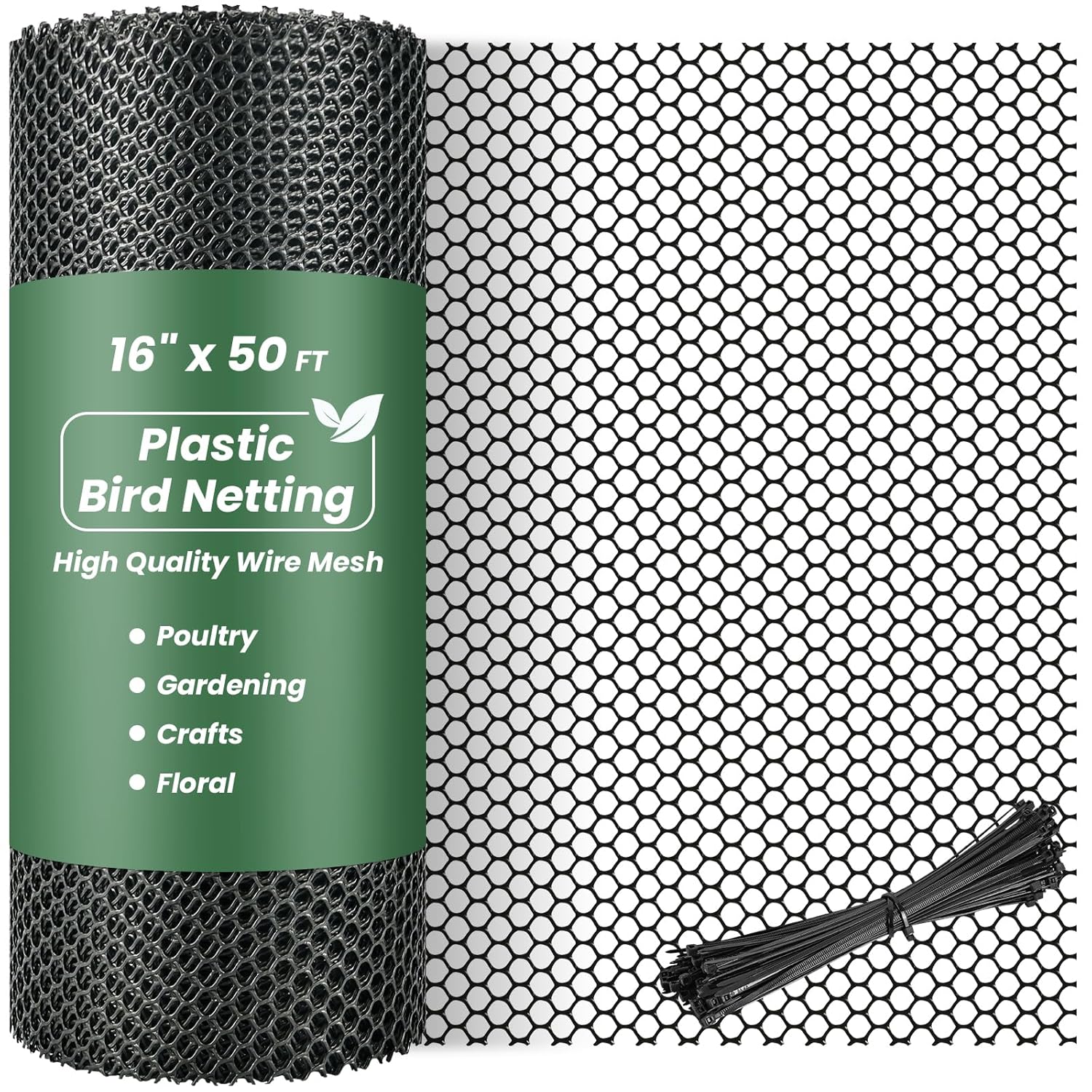 16IN x 50FT Plastic Chicken Wire Mesh, Chicken Wire for Floral Arrangements, Chicken Wire Mesh for Crafts with 100 Pcs Zip Ties, Mesh Fence for Dogs, Deers, Poultry