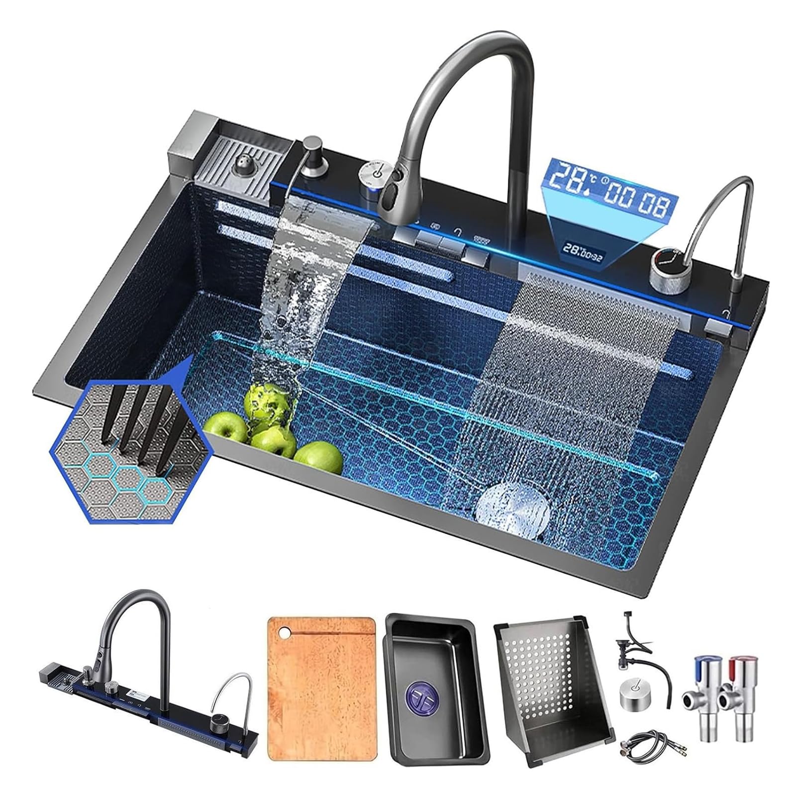 Black Kitchen Sink with Waterfall,29.5-inch Stainless Steel Kitchen Sink Drop in Workstation, Multifunctional Single Bowl Modern Kitchen Sink with Faucet