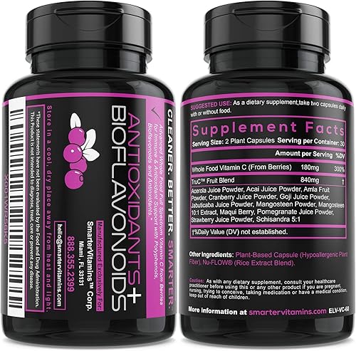 Miniatura 2 de Paquete de 5 alimentos enteros crudos con vitamina C natural para el apoyo inmunológico de bayas, antioxidantes premium, bioflavonoides y