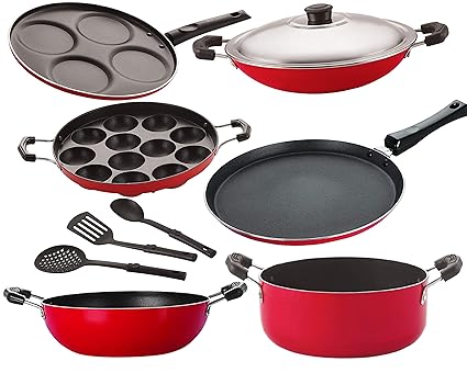Nirlon Nonstick Aluminium Cookware Set with Spoon, 9-Pieces, Red & Black [FT13_KD12_AP(12)_AC_Cass20_UP4_3SPN]