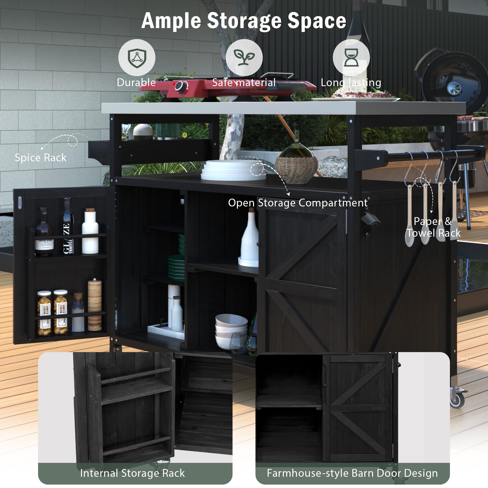 66.5" Outdoor Kitchen Island Grill Cart for Large Big Green Egg & Kamado Joe,Rolling Grill cart with Storage,Stainless Steel Top,Compatible with 21-22 inch Tabletop Grills (Black, 66.5 inch) — view 6