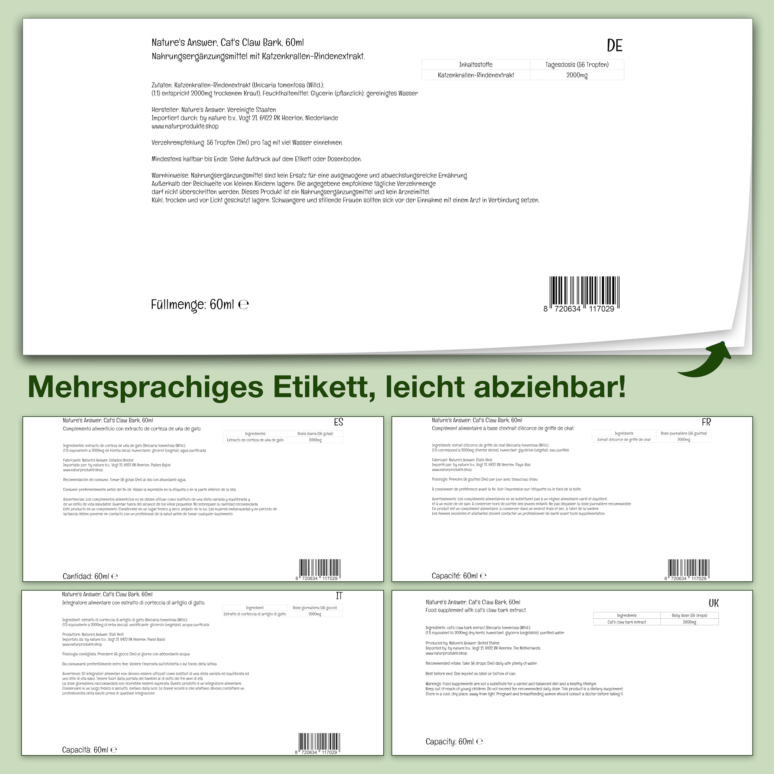 Nature's Answer, Cat's Claw Bark, 60ml, 2000mg Katzenkrallen-Rindenextrakt je Dosis, Geschmacksneutral, Vegan, Glutenfrei, Sojafrei, GMO frei