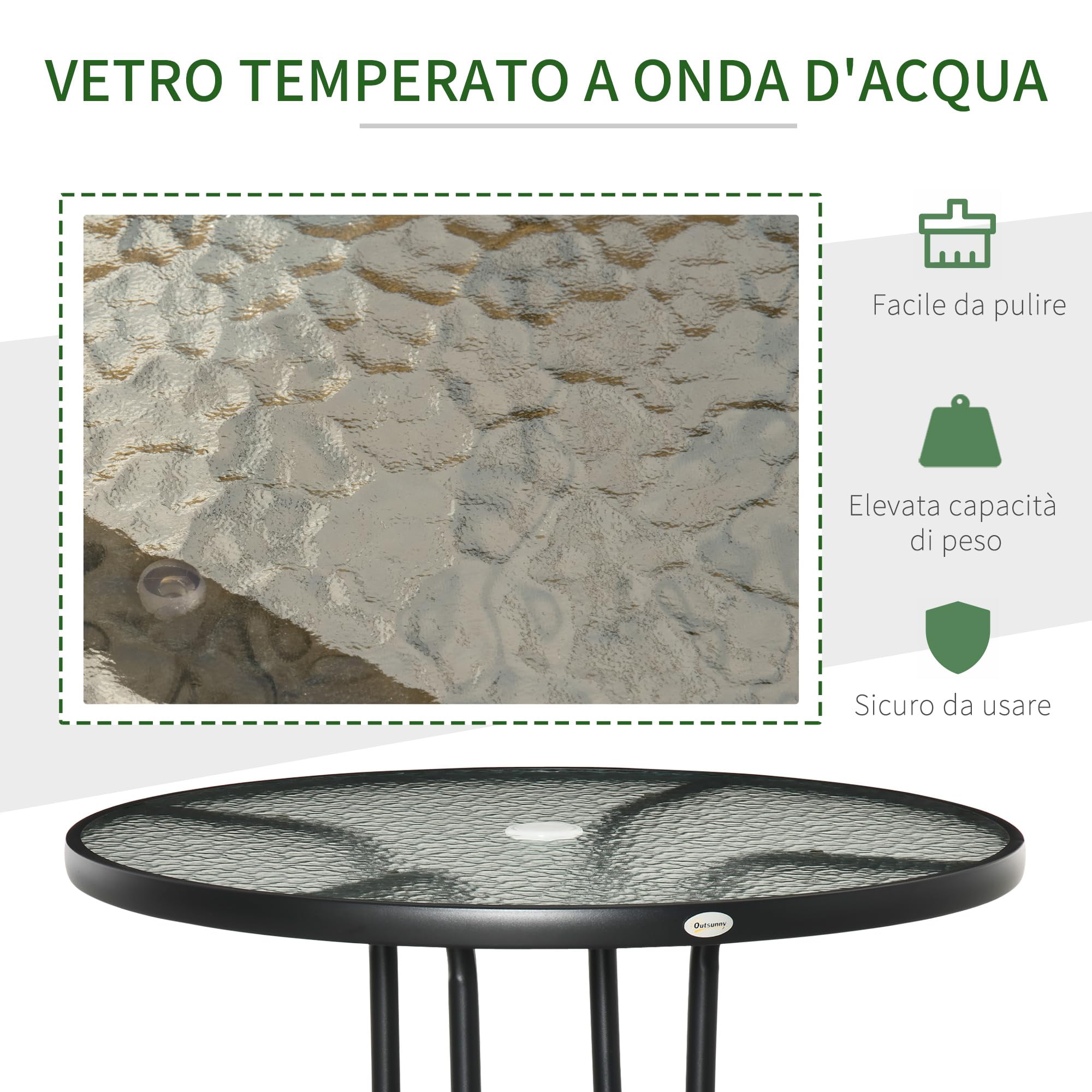 Outsunny Tavolo da Giardino Rotondo 80 cm con Foro per Ombrellone, Tavolino da Caffè Esterno con Piano in Vetro Temperato, Struttura in Metallo per Patio, Terrazzo, Balcone, Nero