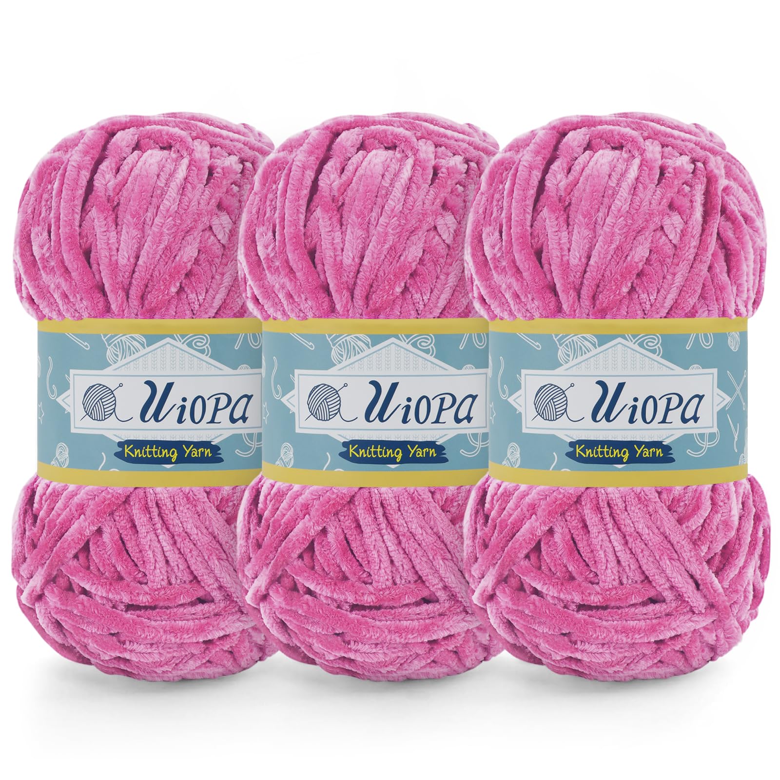 Uiopa 3 x 100g Chunky Chenille Yarn, Plush Velvet Yarn Thick Chenille Wool, Rose Pink Fluffy Crochet Chunky Wool for Amigurumi Blankets Clothes DIY Crafts