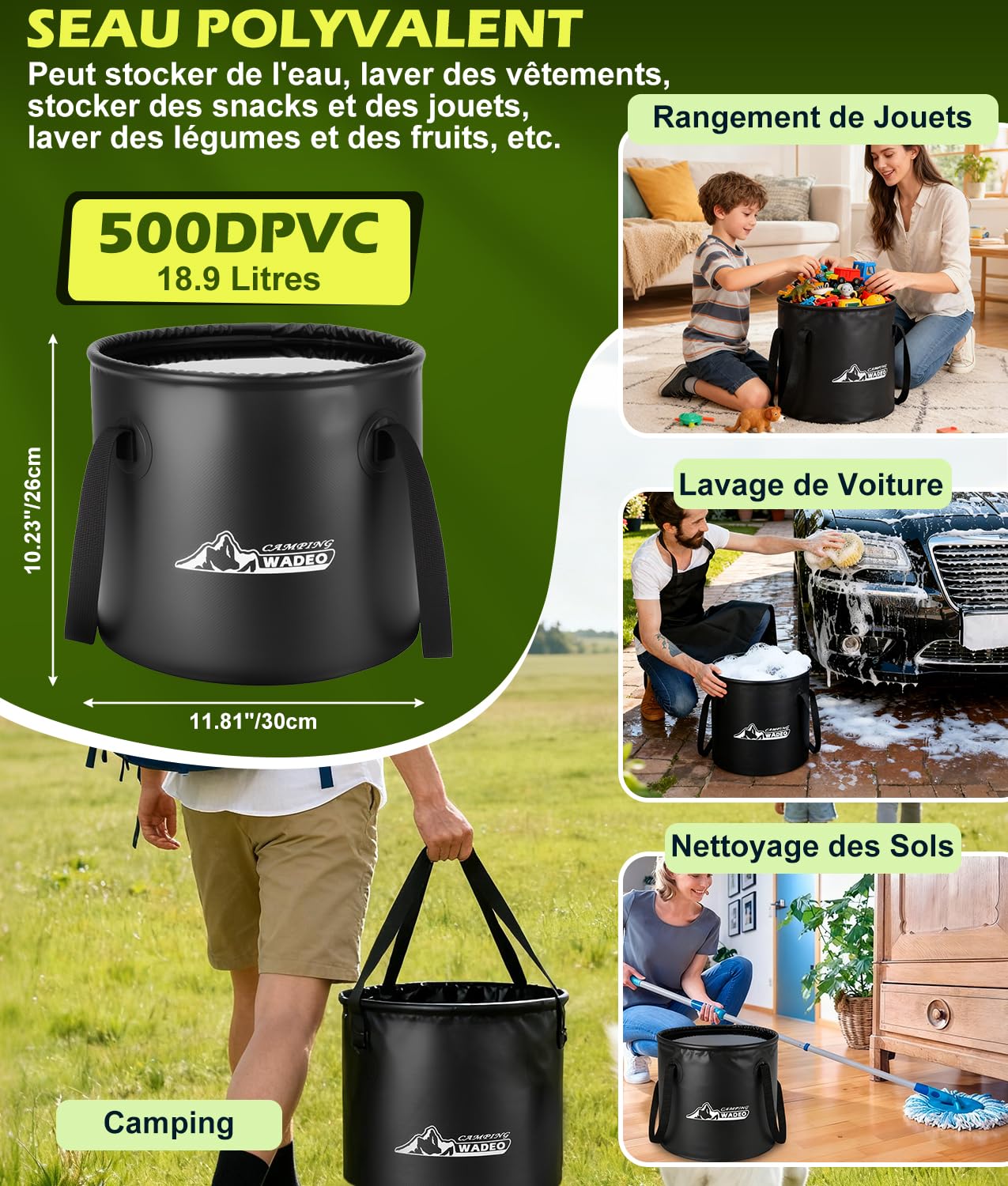 WADEO Douche Chaude Camping Portable, avec Seau 20L, Autonomie 10 Jours | Pompe 5 Vitesses, IPX8, Pompe de Douche Rechargeable 6000 mAh avec Écran LED, Kit Douche Camping pour Voyage, Animal, Voiture