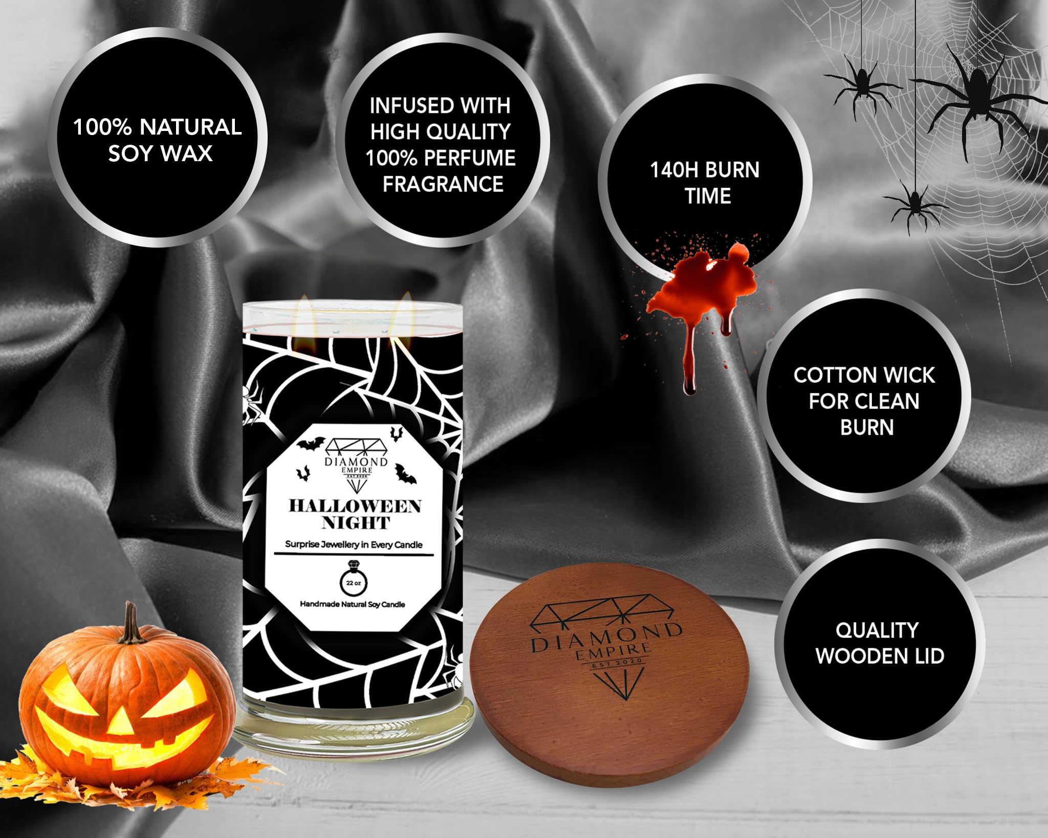 Diamante Empire notte di Halloween con gioielli a sorpresa all'interno (gioielli a sorpresa del valore fino a £2.500) 2 stoppini candela di Halloween (durata fino a 120H) (anello L/M)
