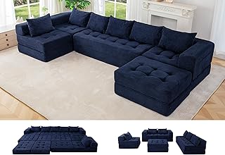 MAXYOYO Modular Sectional Sofa Couch, Foldable U Shaped Cloud Couch with Pillows, Tufted 7-Seat Boneless Lounger Floor Sofa Bed for Living Room, No Assembly Required, Navy