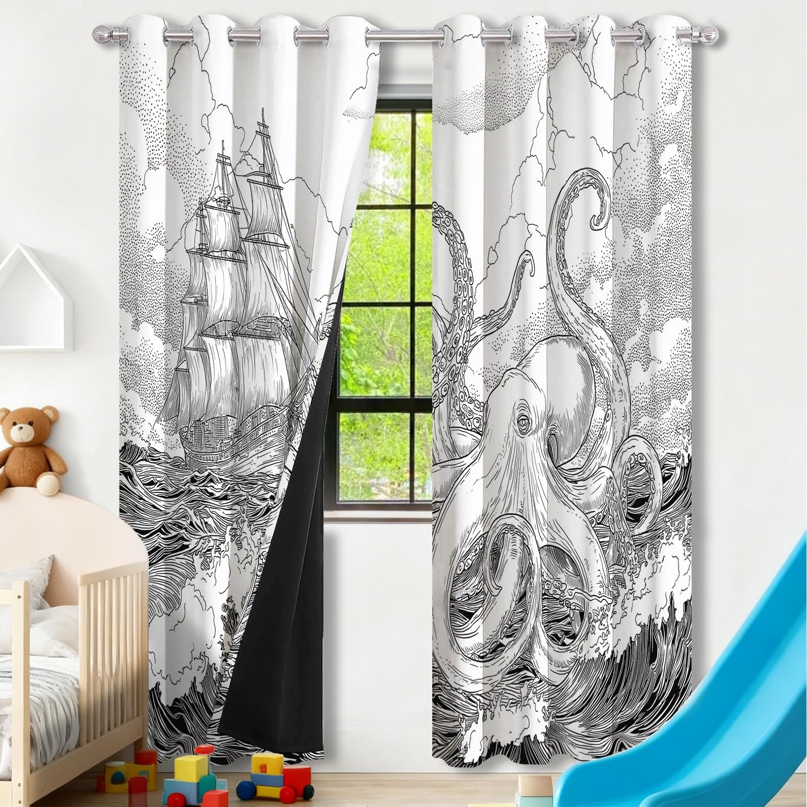 Rideau Occultant Lot de 2, Style Nautique Fantaisie Rideaux, 70 x 240 cm Rideau Thermique Isolant Anti Froid et Chaleur, Pieuvre Tentacules Voilier Motifs Rideau à œillets pour Chambre Salon, Blanc