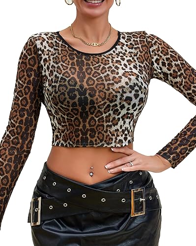 Nolrahiur Sheer Mesh Tops for Women Sexy Leopard Print See Through Blouse Long S