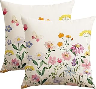Artscope Spring Summer Floral Throw Pillow Covers 18x18 Inch Set of 2, Farmhouse Flower Butterfly Print Decorative Pillow Cases for Sofa Bed Room Home Decor- Flower A