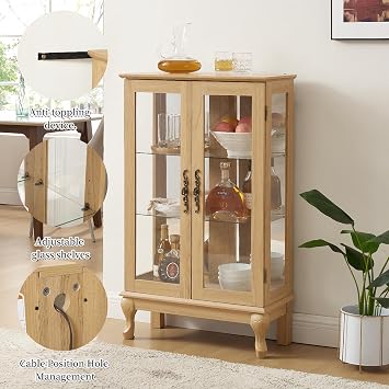 Vintage Lighted Curio 3 Tier Storage Cabinet,Display Case, Natural