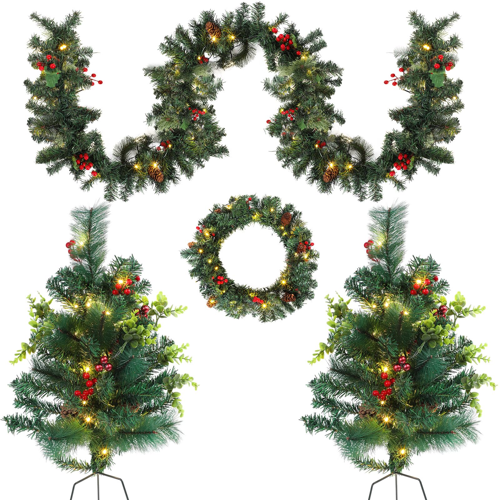 Lyrow 4 Pieces Christmas Outdoor Decoration Set Include 2 Small Christmas Trees with Wreath and Garland LED Lighted Xmas Holiday Ornament with Realistic Red Berries Pine Cone for Front Door Porch Lawn