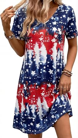 MYHALF 4th of July Patriotic Dress for Women - American Flag V Neck T Shirt Dress Red White and Blue Summer Dresses