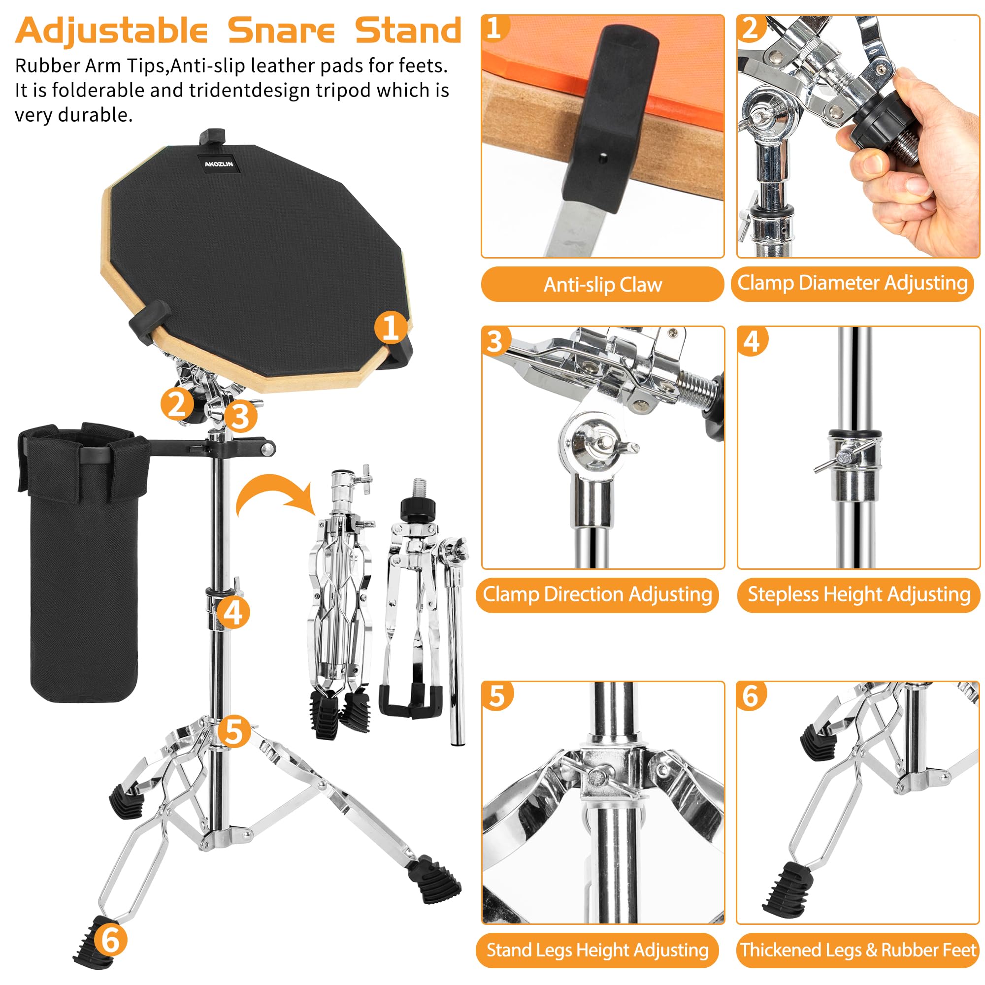 AKOZLIN Snaredrum-Ständer mit Drumsticks-Halter, 25,4-35,6 cm | Doppelstrebiges Stativ, Für Anfänger, Höhenbereich 40,9-55,9 cm, Für Snaredrum-Pad geeignet