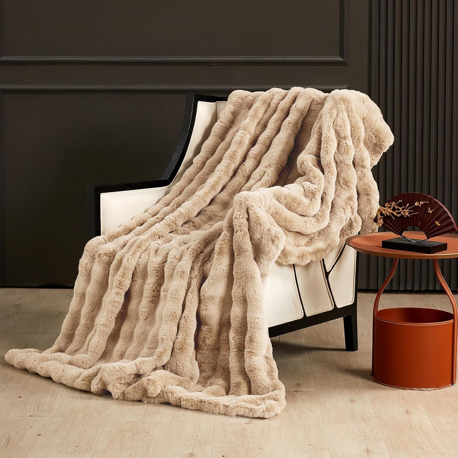 SAPHREAS Faux Fur Throw Blanket for Couch, Fluffy Fuzzy Bubble Blanket for Sofa Bed Living Room, Decor Soft Cozy Gifts for Women Men, 50x60” Khaki