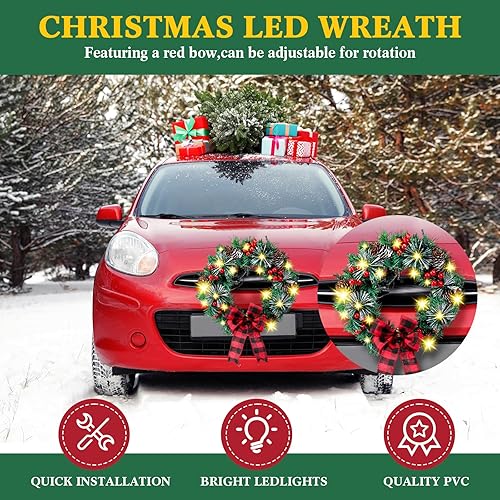 Miniatura 4 de Riceshoot Corona LED de Navidad de 12 V con bayas de lazo rojo de 11 pulgadas, corona de coche iluminada artificial para parrilla delantera de
