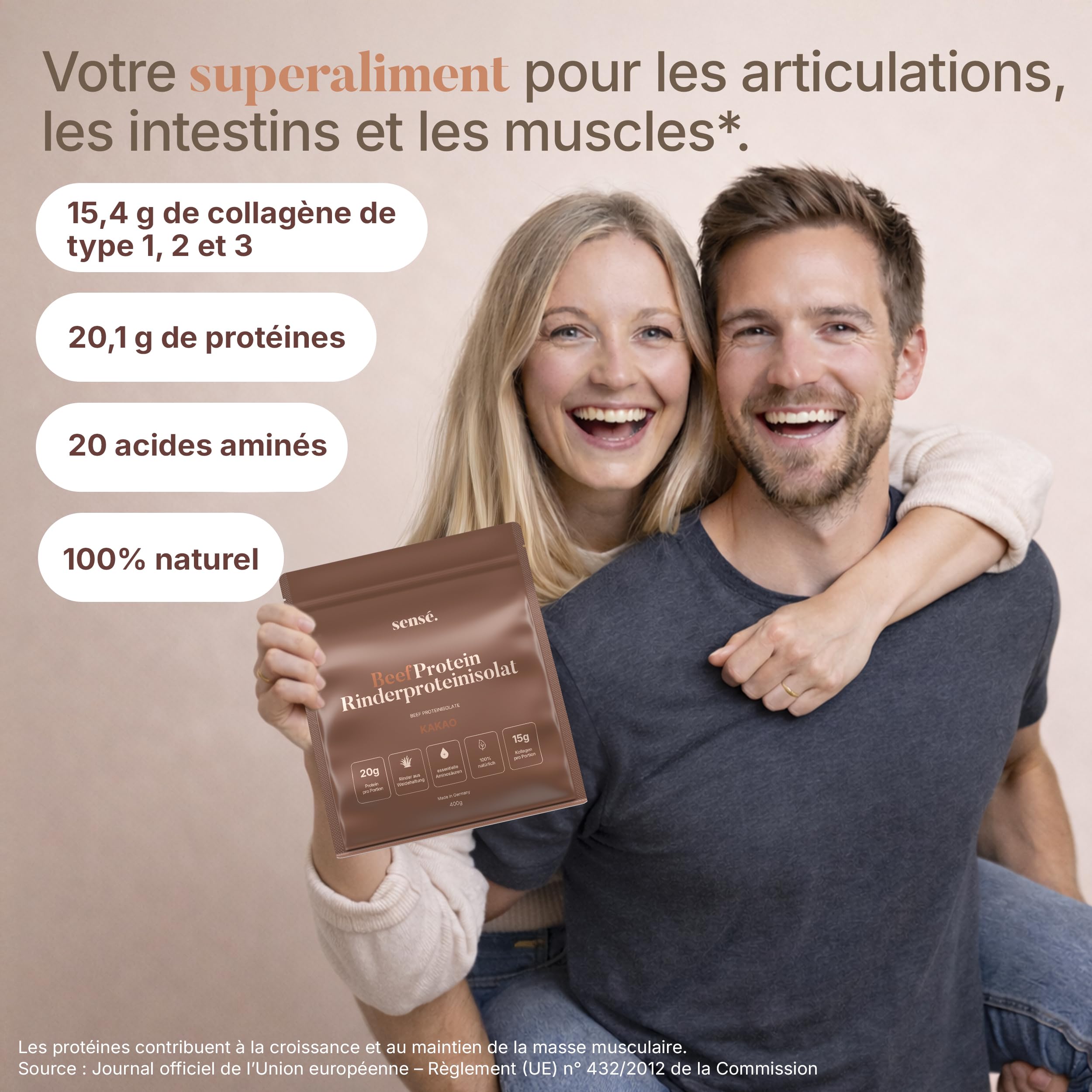 Poudre de protéines de bœuf au cacao 400 g - 100% naturel | 20 g de protéines | 10% de cacao en poudre et d'enveloppes de psyllium | Bioactif | Collagène 1, 2 et 3 | Bouillon d'os de bœuf