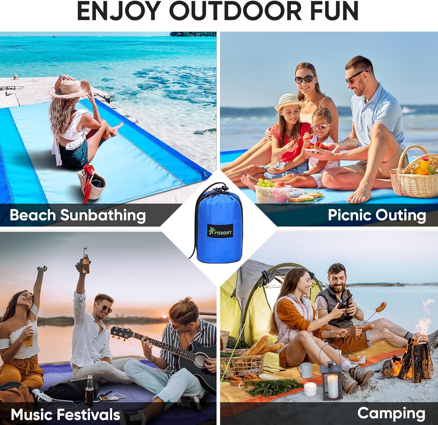 PTEROMY Beach Blanket Waterproof Sandproof, 108" X 120" Extra Large Beach Mat with Storage Bag, Quick Drying Lightweight, 6 Stakes, Accessories for Picnic, Travel (9x10 FT, Blue) - Image 8