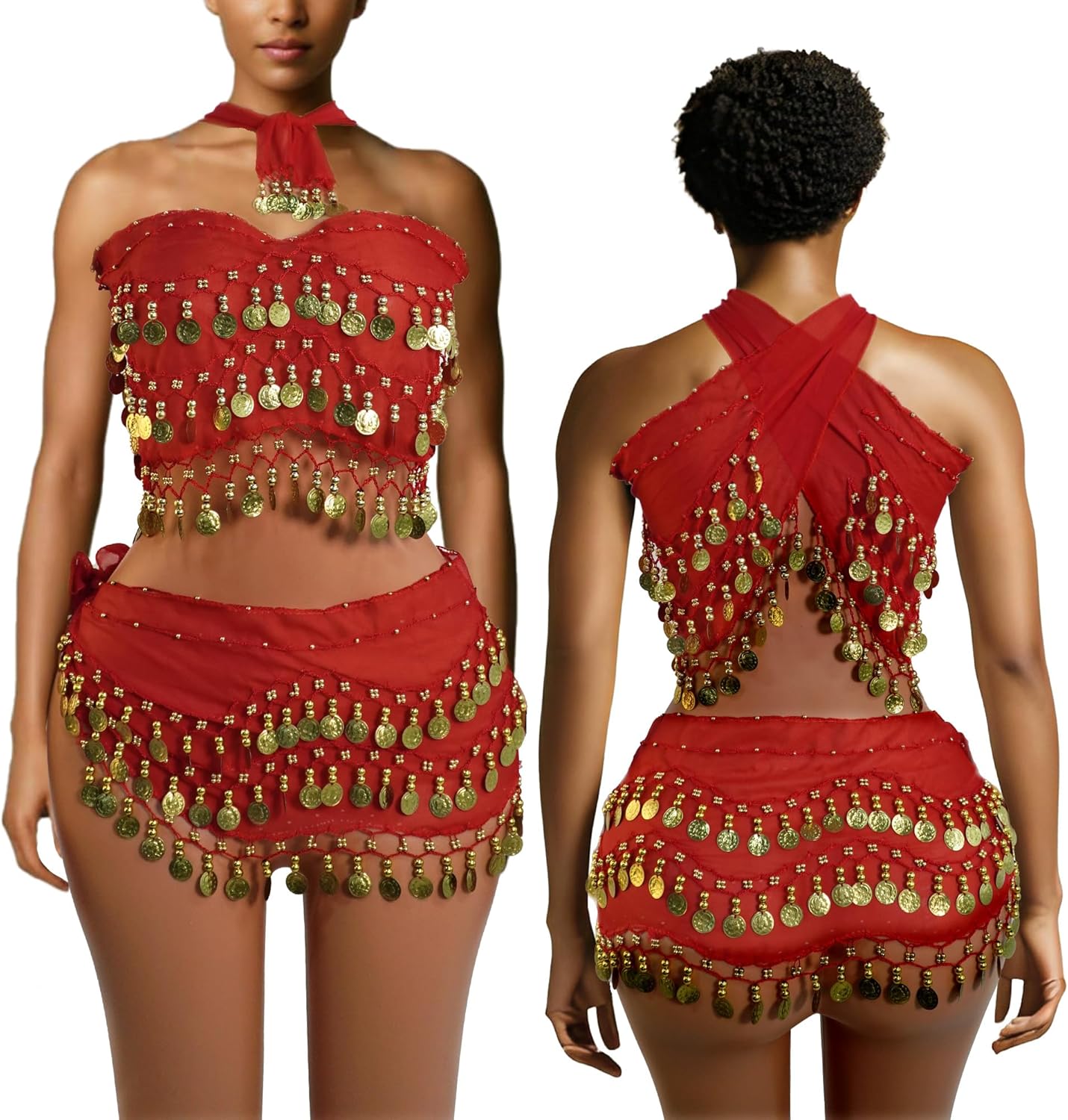 Belly Dance Hip Scarf 2 Piece, Belly Dance Skirt and Top Set, Dancing Coin Skirts for Women, Halloween Costume, 2Pack - Image 7