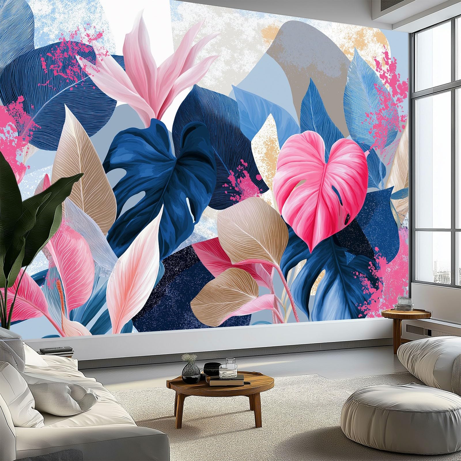 Générique Panoramiczna tapeta akwarela rośliny monstera tropikalne liście 3D 300 x 210 cm, włóknina XXL nowoczesna dekoracja ścienna salon sypialnia biuro pokój dziecięcy, biała