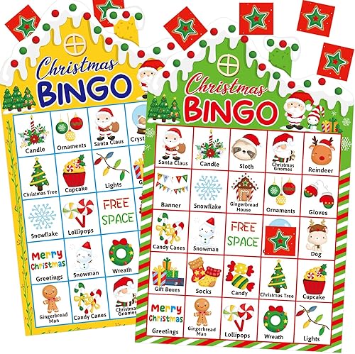 Miniatura 9 de Fancy Land Juego de bingo de Navidad para niños, 24 jugadores, casa de jengibre troquelada, bingo, casa de nieve, vacaciones y actividades de fiesta