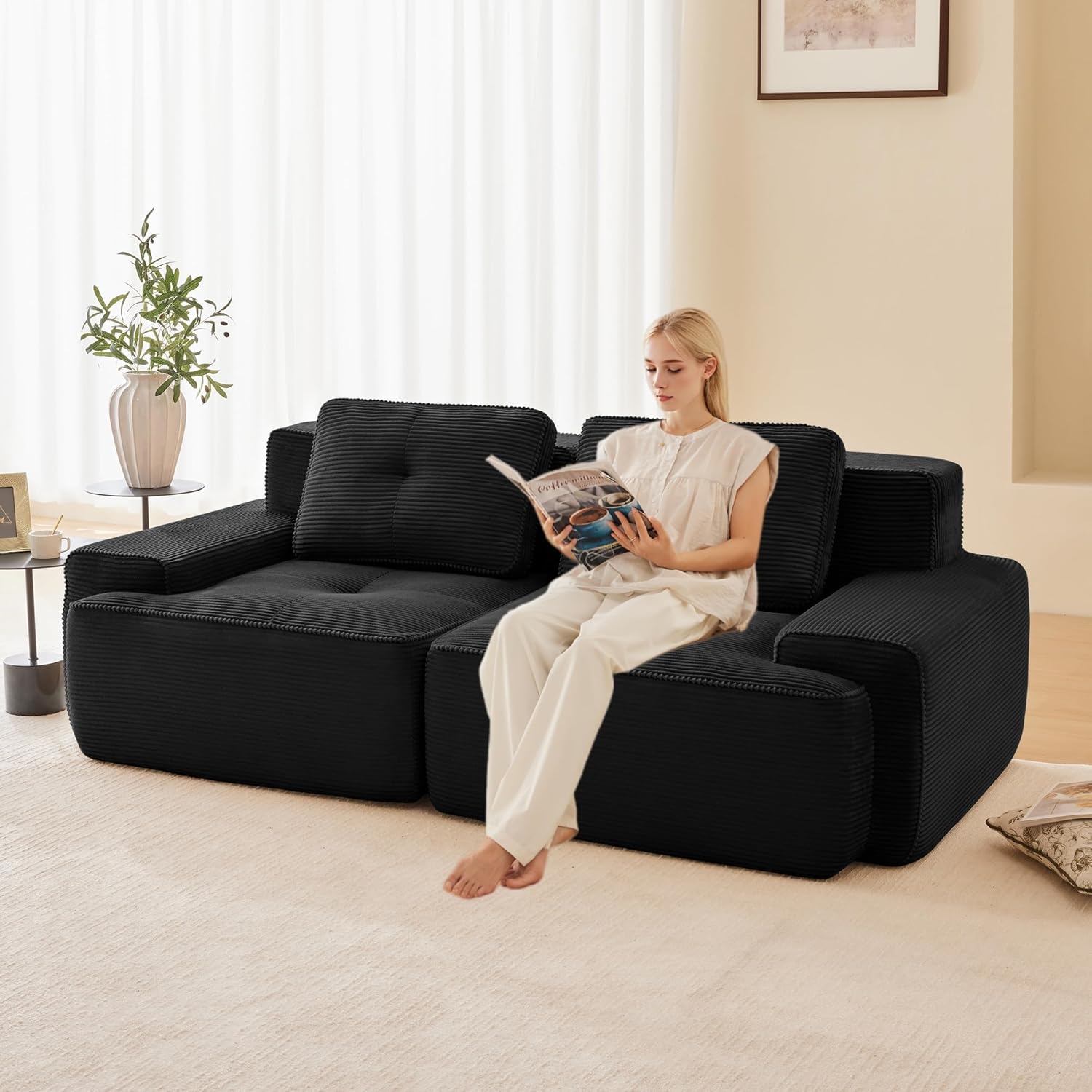 80" Corduroy Loveseat Sofa with Ergonomic Seats, 2-Seater Sofa with No Assembly, Upholstered Deep Seat Couch with Anti-Slip Base for Living Room Apartment, Black