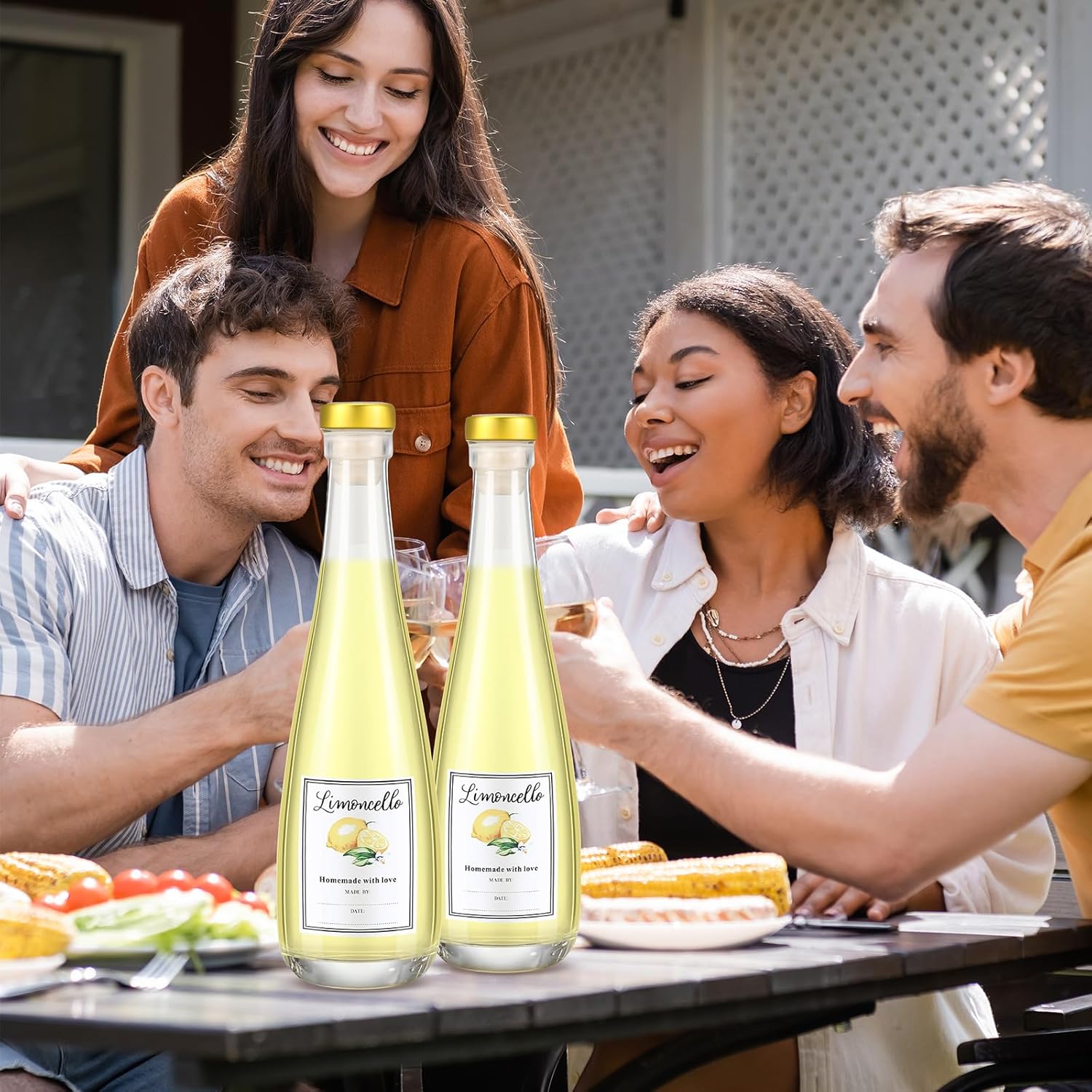 Maxcheck 6 Set 11 oz 330 ml Lemoncello Glass Wine Bottles Set with Labels Stickers Airtight Empty Clear Liquor Bottles with Lid for Homemade Extracting Liqueur Suitable for Gift Giving(Lemon)