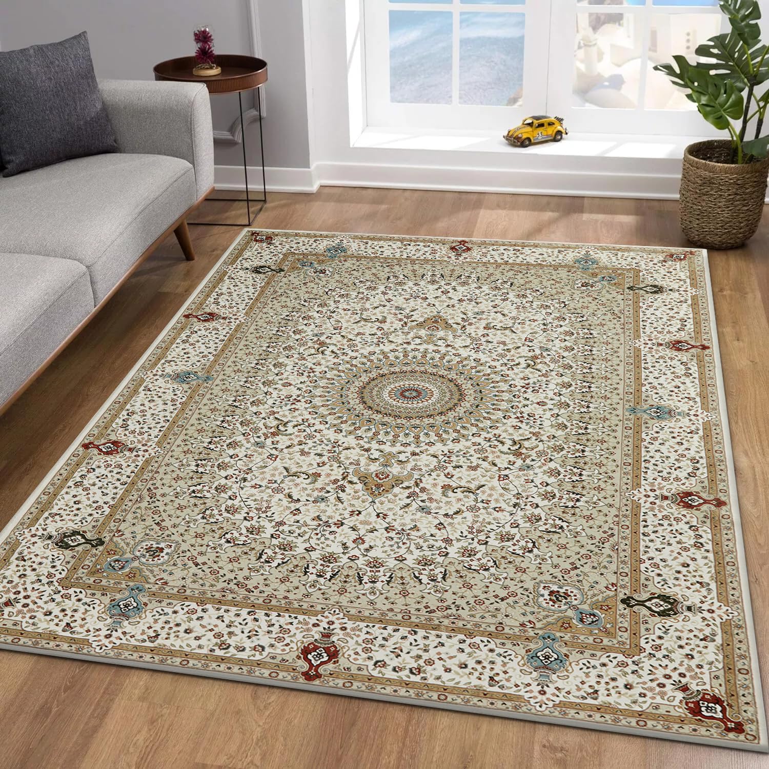 MOONLIGHT20015 Washable Rugs Living Room 60x110 cm - Fluffy Vintage Area Rugs for Bedroom - Non Slip Low Pile Soft Boho Rug Carpets for Lounge - Traditional Large Bedside Rug, Willow Beige โ image 1